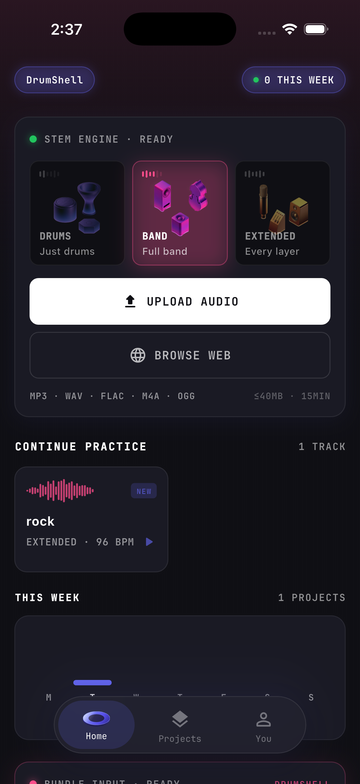 DrumShell home dashboard with mastery rings and recent projects