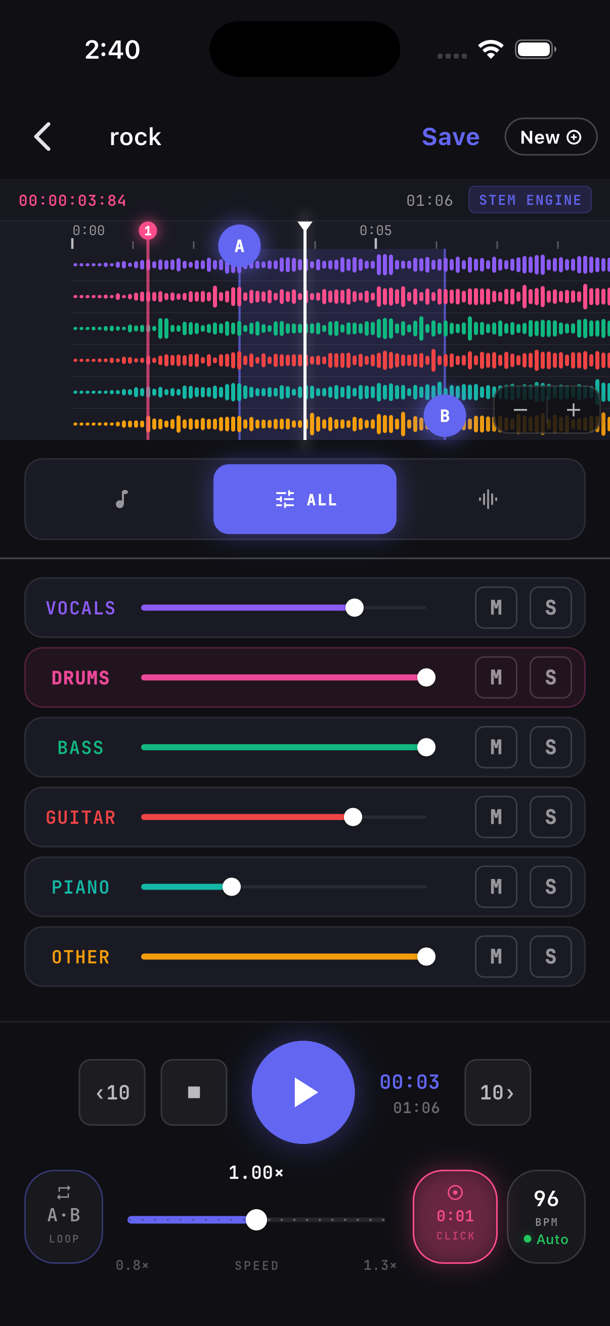 DrumShell practice player with waveform and stem mixer